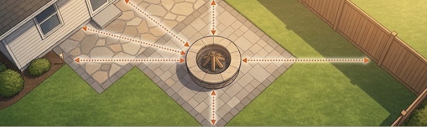Aerial top-down view of a backyard fire pit with measurement arrows showing required setback distances from structures and fences