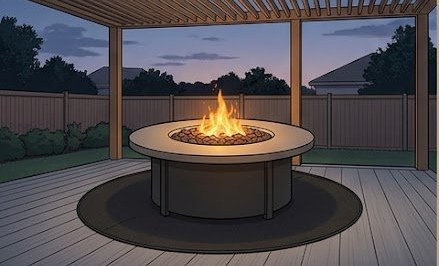 Gas fire table sitting on a round black fireproof ember mat on composite gray decking under an open pergola at dusk