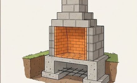 Masonry outdoor fireplace construction cross-section showing footing, CMU block, firebrick lining, chimney and spark arrestor