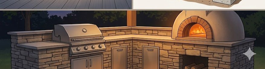 Built-in wood-fired masonry pizza oven dome integrated into stone outdoor kitchen with amber glow inside firebox