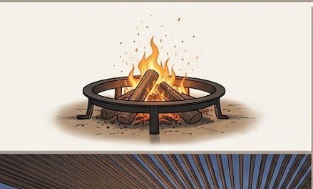 Open cast-iron fire ring with burning logs on the left — classified as recreational fire under IFC Section 307